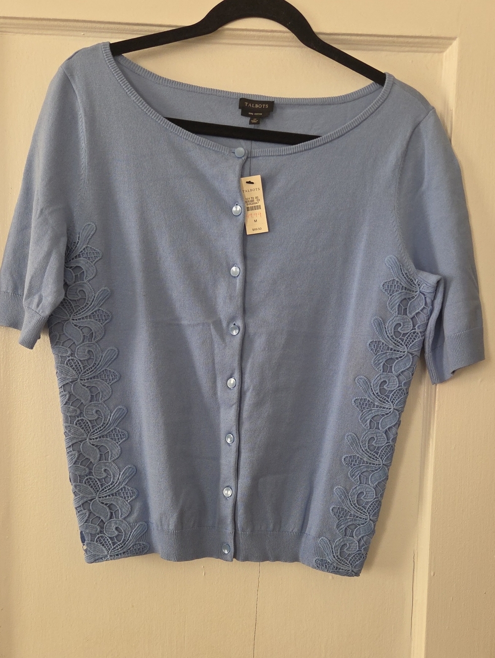 Talbots Sky Blue Short Sleeve Button Front Cardigan with Lace Panels